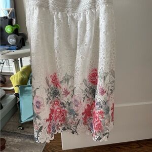 White Lace Midi Skirt with Pink Floral Hem NEVER WORN